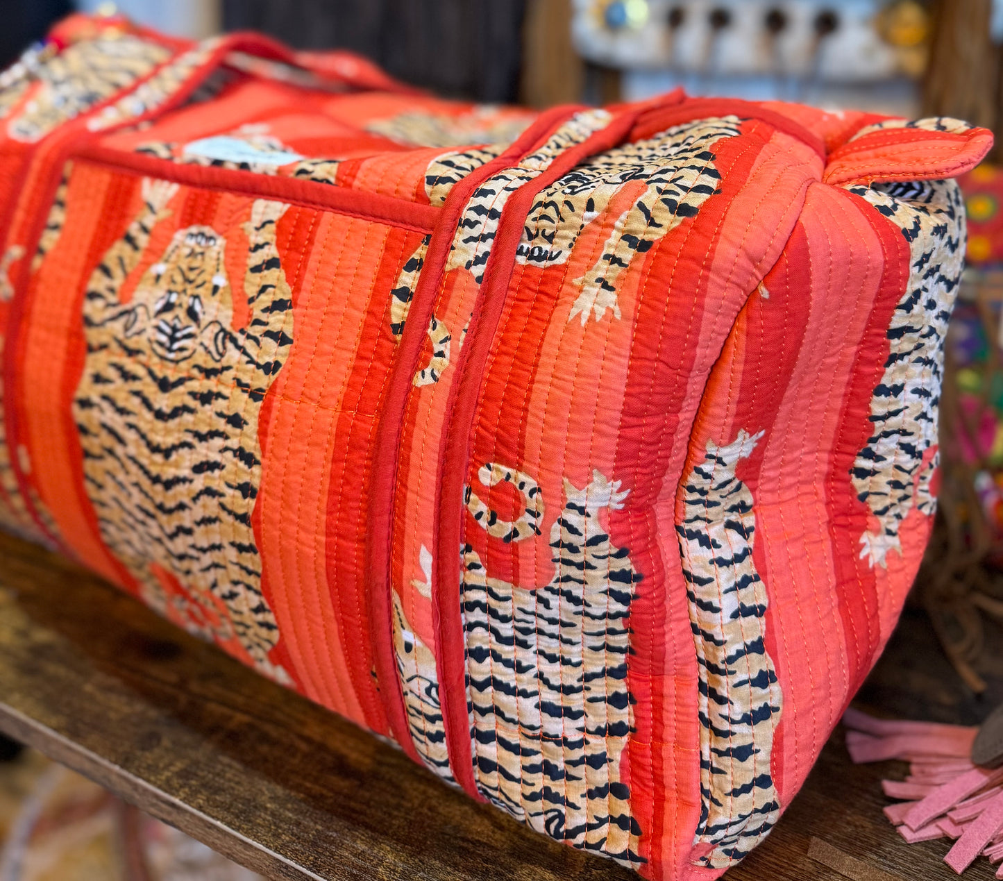 Handmade Quilted Weekender Bag – Tiger Print Travel Duffel – Orange