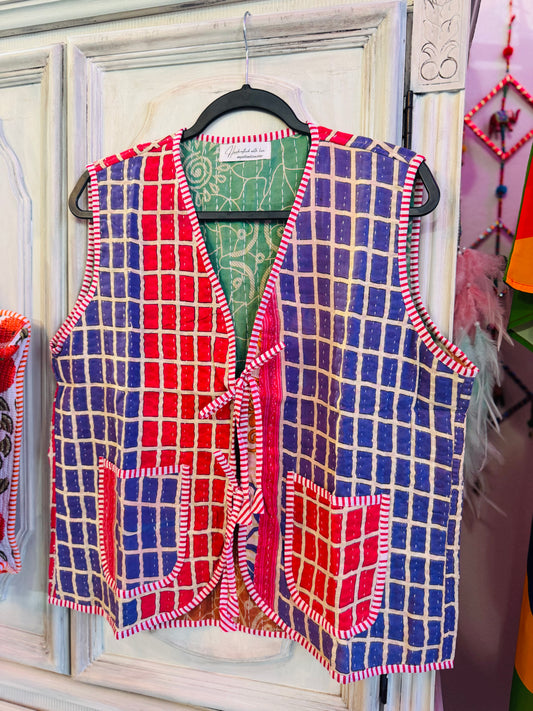 Handmade Reversible Kantha Vest – Berry | 100% Cotton Jacket