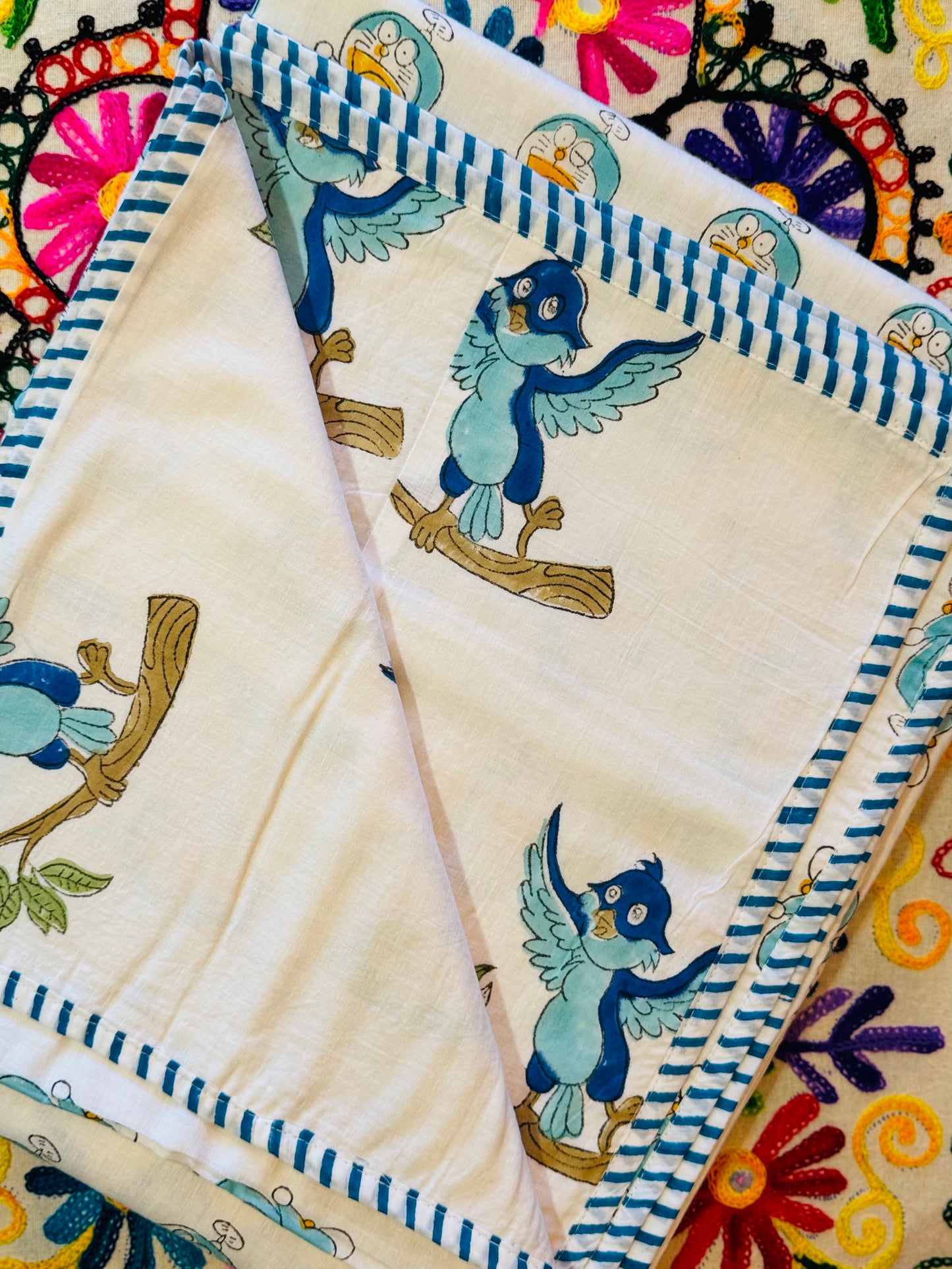 Reversible Cotton Dohar – Robots & Birds | Handmade Toddler Blanket