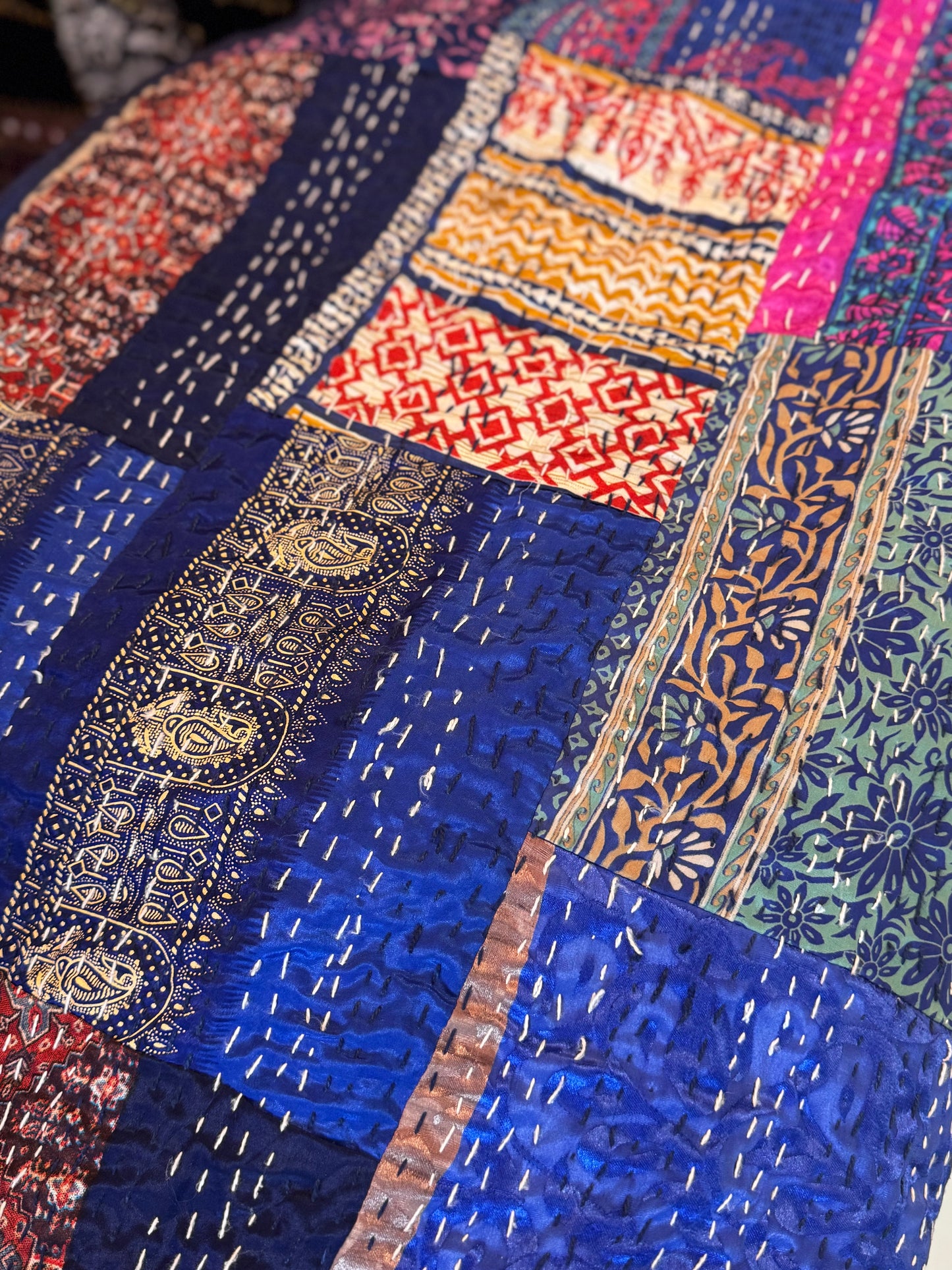 Close-up of a colorful patchwork fabric with intricate patterns.