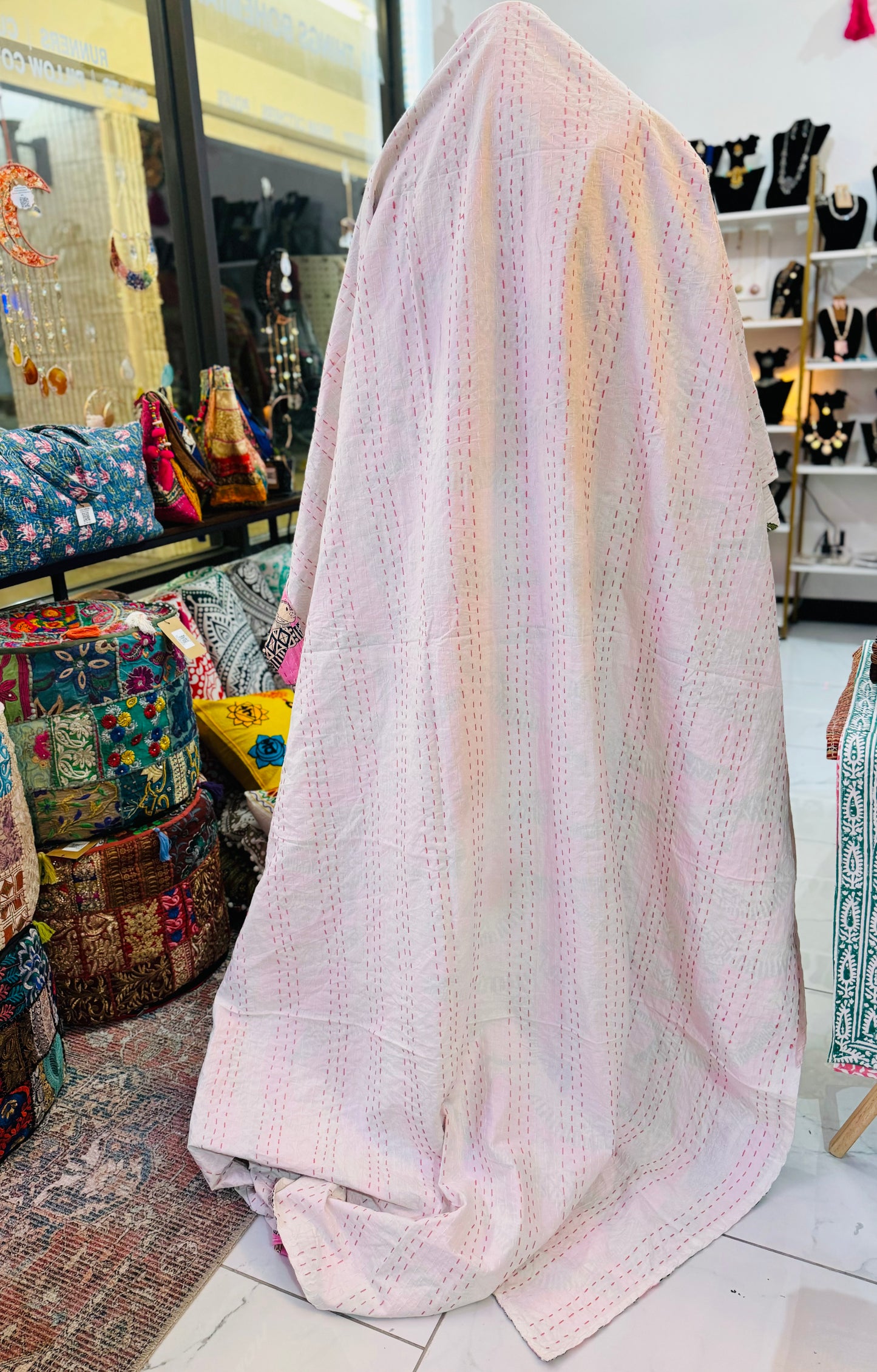 Stretchy Cats – Pink – Handblock Printed Kantha Quilt | Cotton | Handmade
