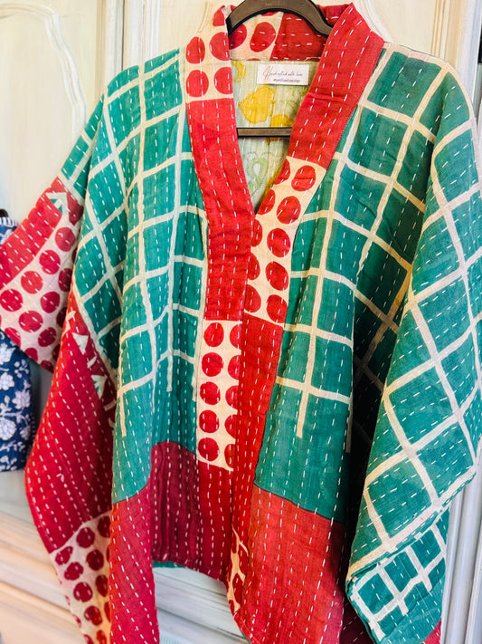 Handmade Kantha Poncho – Forest Grid Harmony | Unisex | 100% Cotton Boho Top