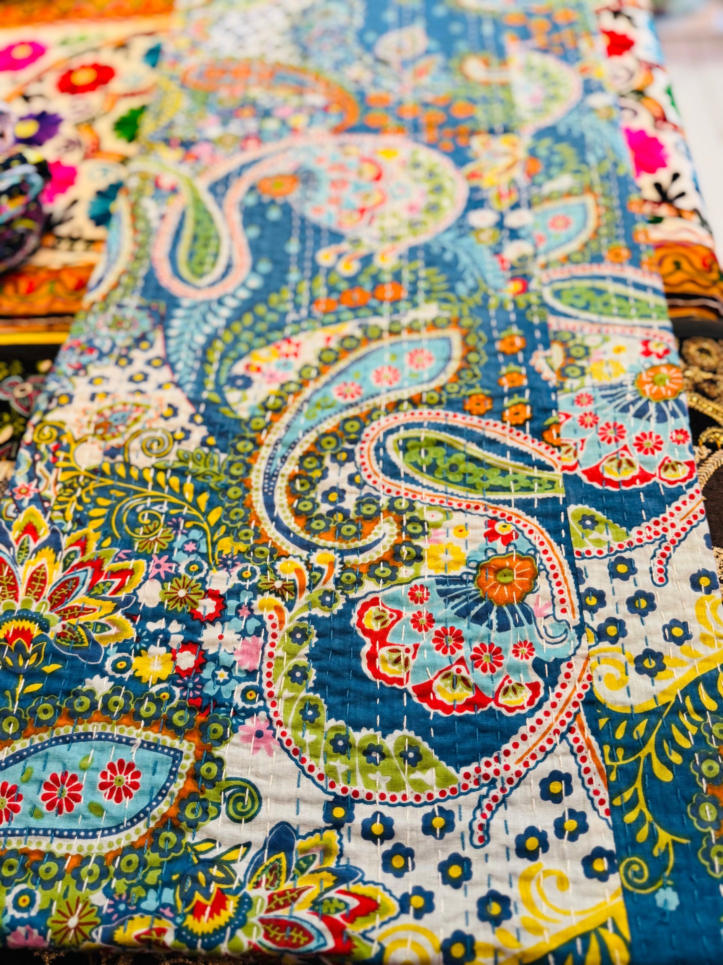 Paisley Garden – Blue – Handblock Printed Kantha Quilt | Cotton | Handmade