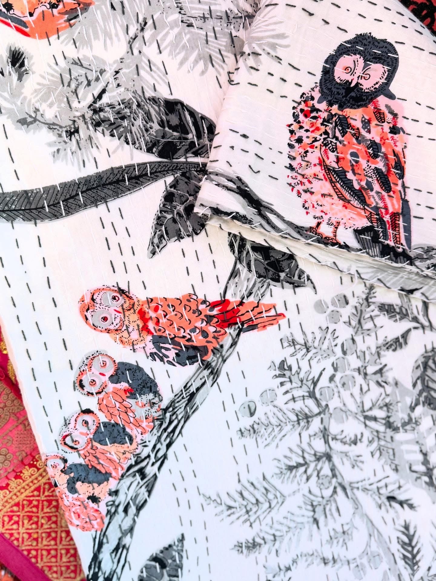 Owl Family – Handblock Printed Kantha Quilt – 100% Cotton | Handmade