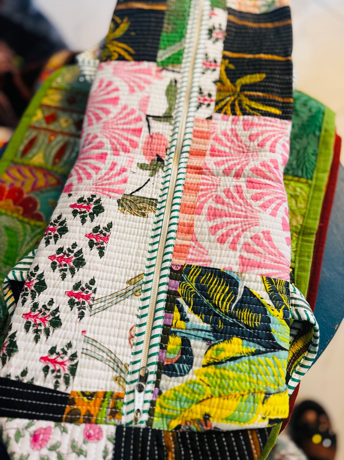 Tropical Palm Patchwork Quilted Duffel Bag – Handmade Botanical Block Print Cotton Weekender Bag