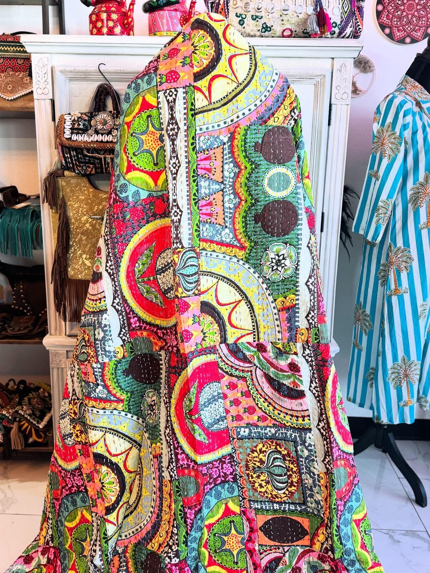 Mini Boho Mosaic – Handblock Printed Kantha Quilt | Cotton | Handmade