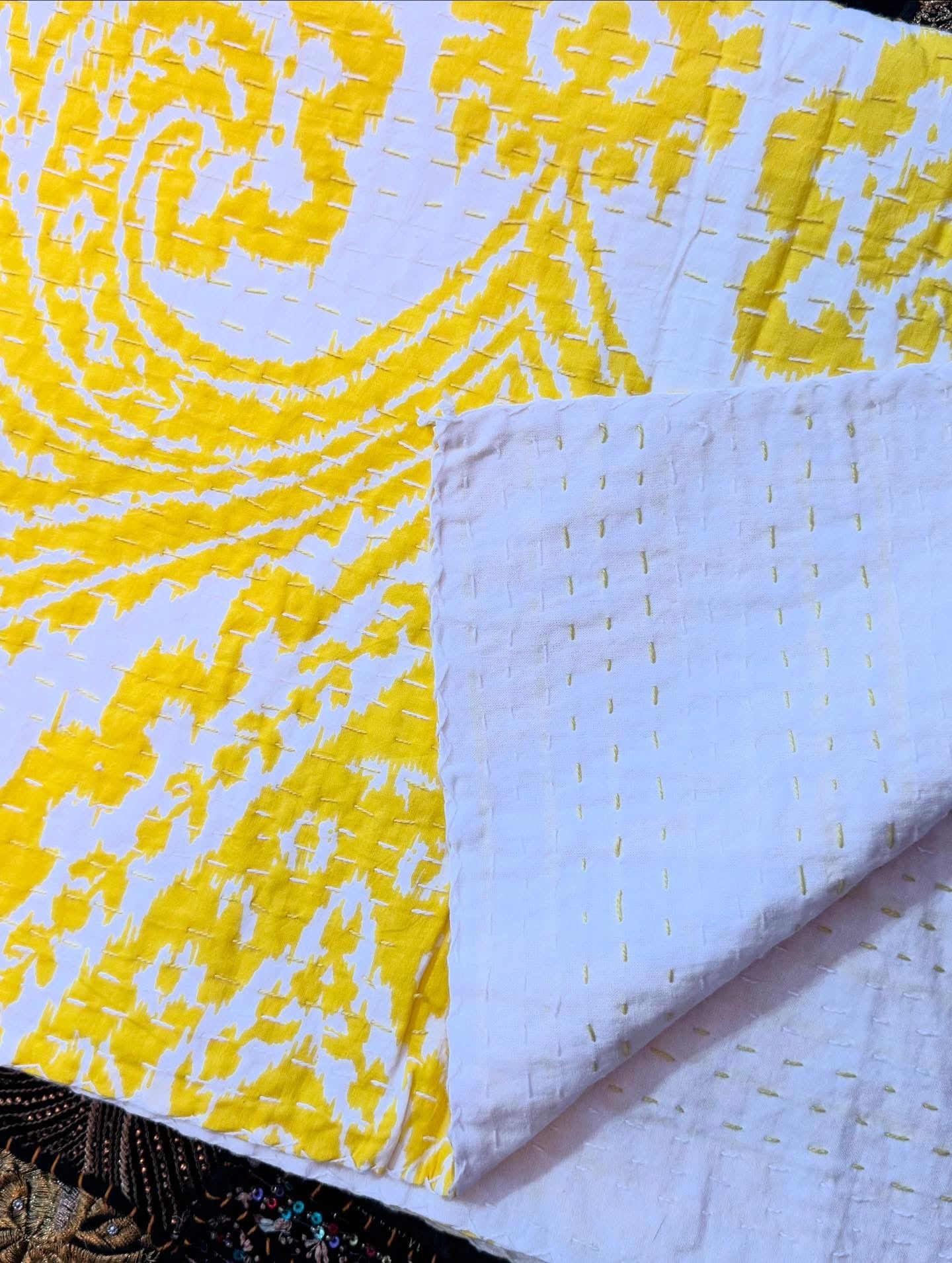 Boho Sun Mini - Yellow – Handblock Printed Kantha Quilt | Cotton | Handmade