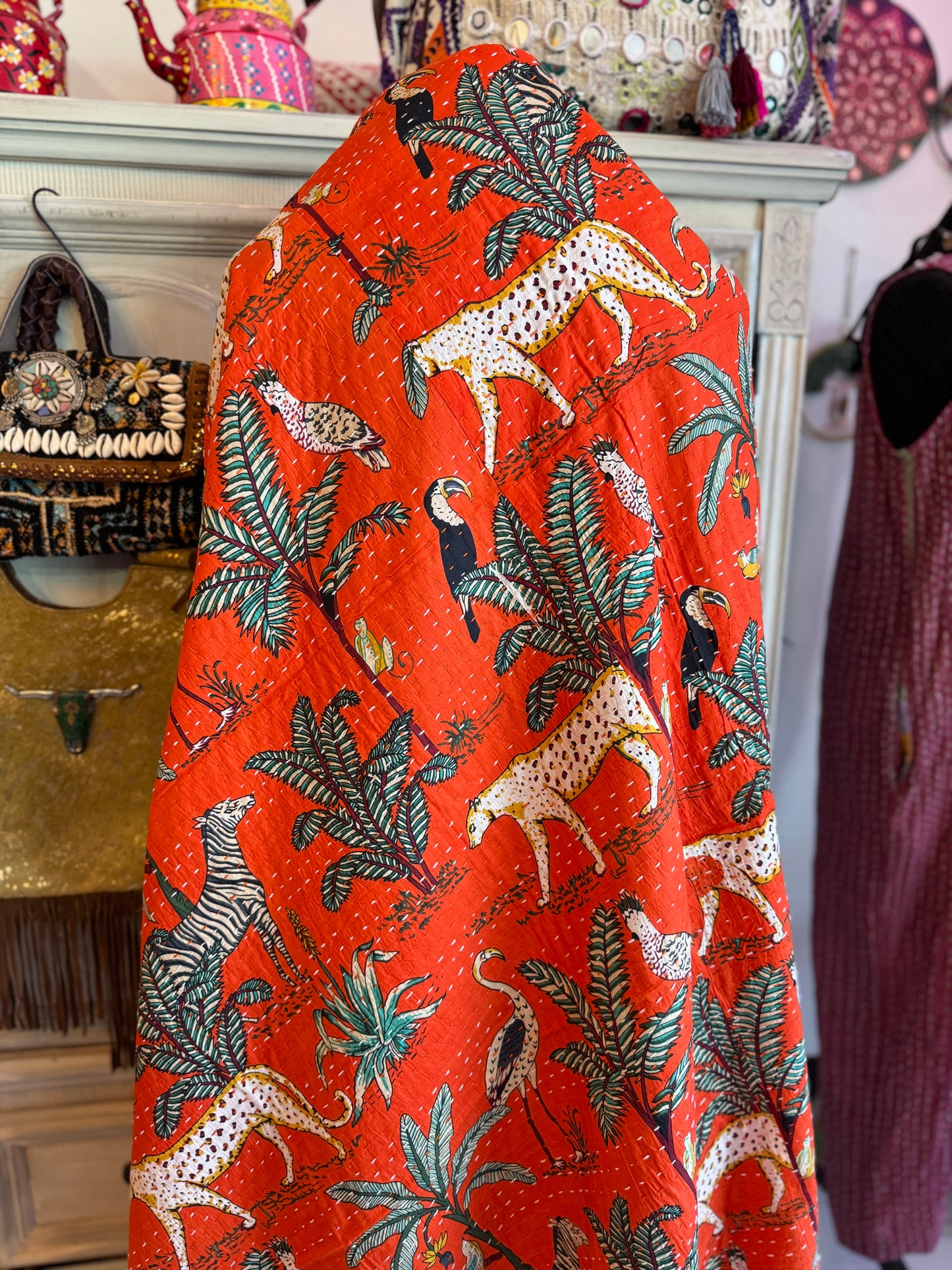 Jungle Print- Orange- Handblock Printed Kantha Quilt | Cotton | Handmade