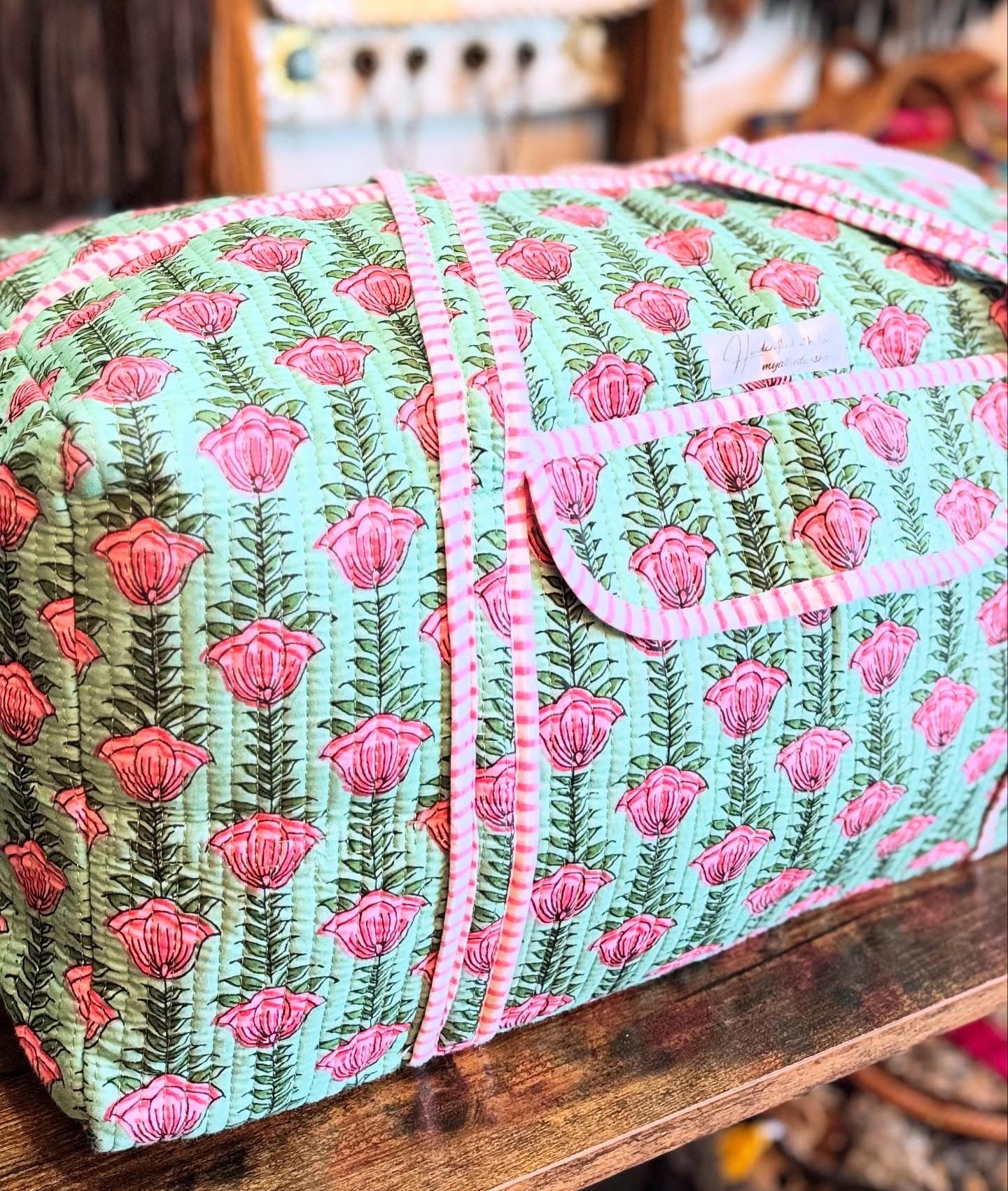 Handmade Quilted Weekender Bag – Pink Floral Block Print – Green