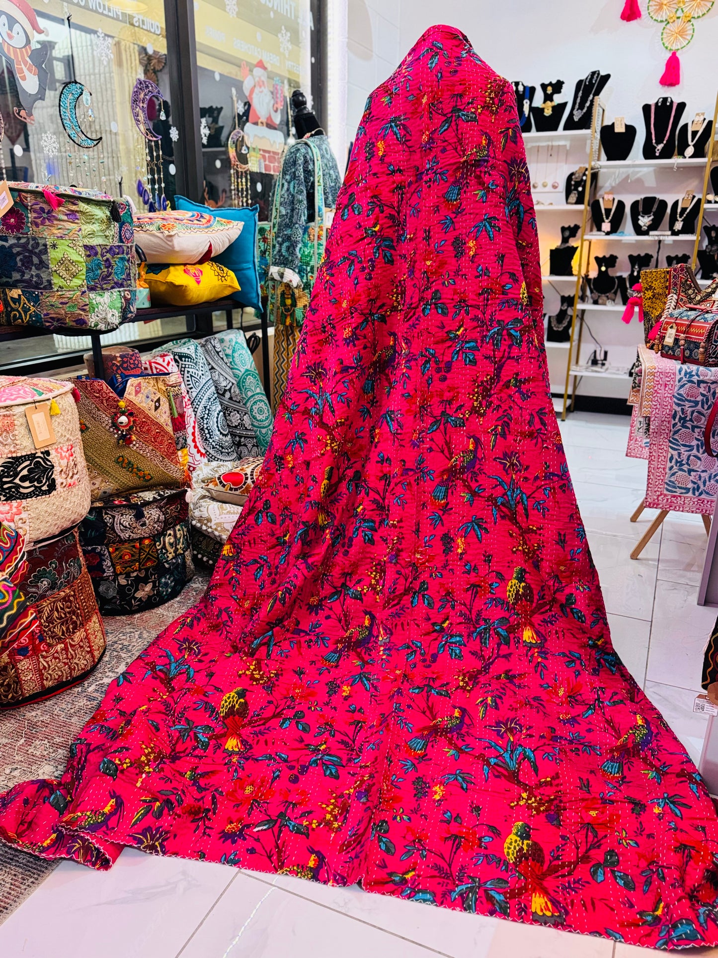 Birdsong Bloom – Hot Pink Handblock Printed Kantha Quilt – 100% Cotton | Handmade