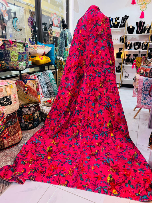 Birdsong Bloom – Hot Pink Handblock Printed Kantha Quilt – 100% Cotton | Handmade