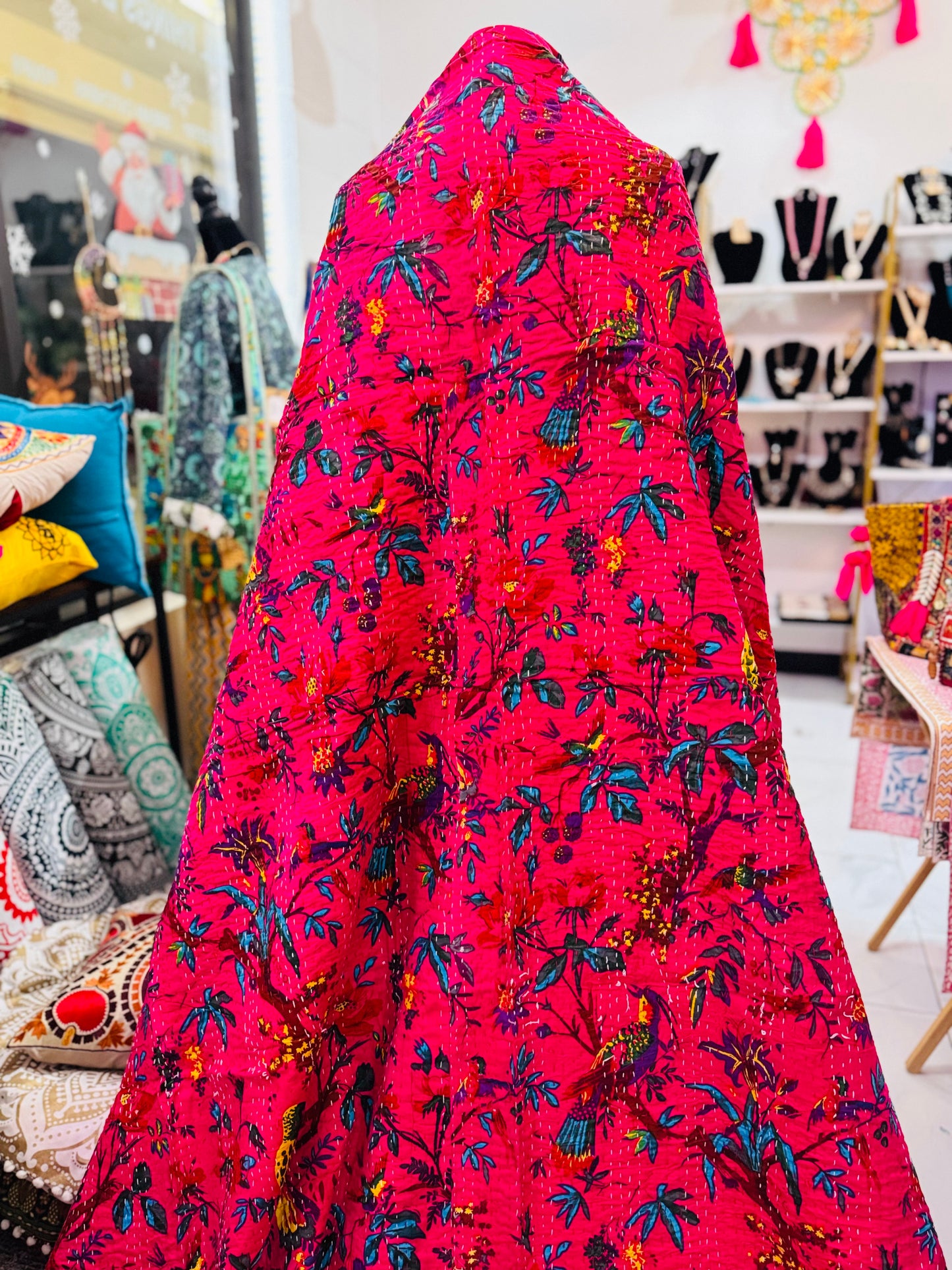 Birdsong Bloom – Hot Pink Handblock Printed Kantha Quilt – 100% Cotton | Handmade