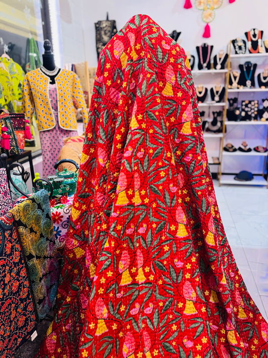 Sparrow Song – Red Handblock Printed Kantha Quilt – 100% Cotton | Handmade