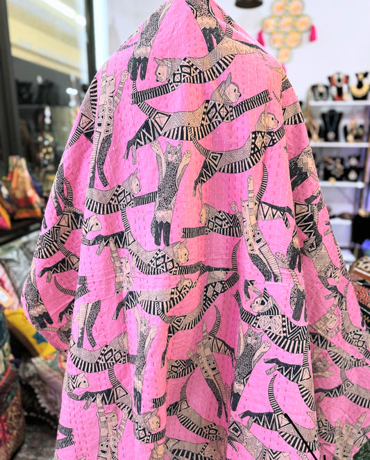 Stretchy Cats – Pink – Handblock Printed Kantha Quilt | Cotton | Handmade