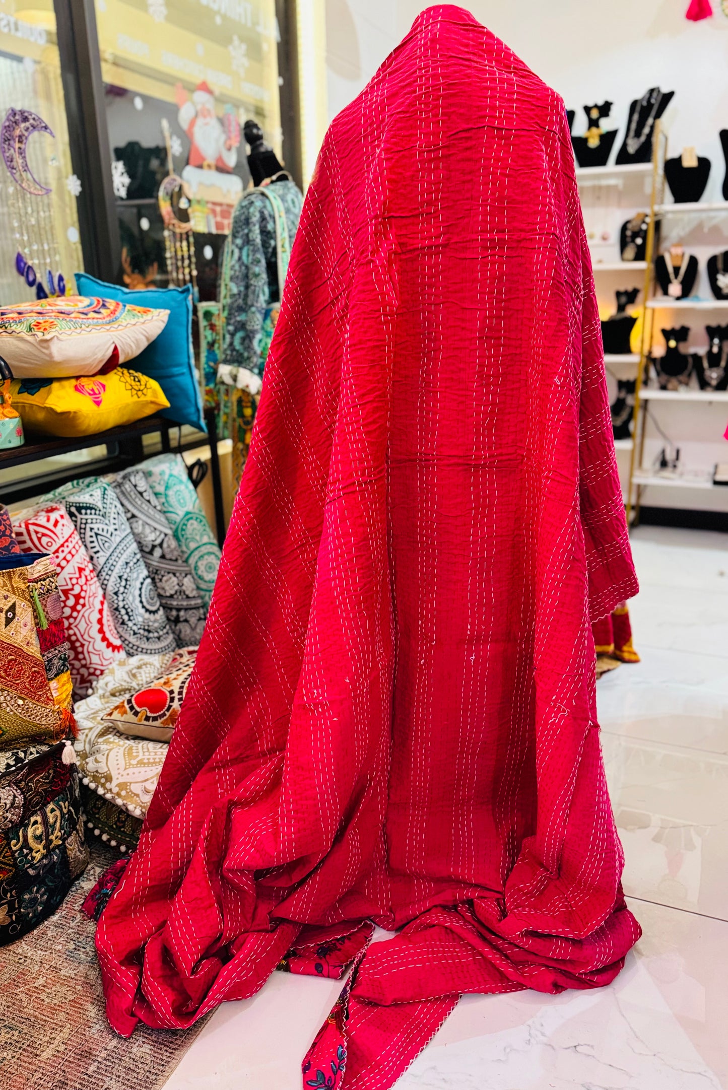 Birdsong Bloom – Hot Pink Handblock Printed Kantha Quilt – 100% Cotton | Handmade