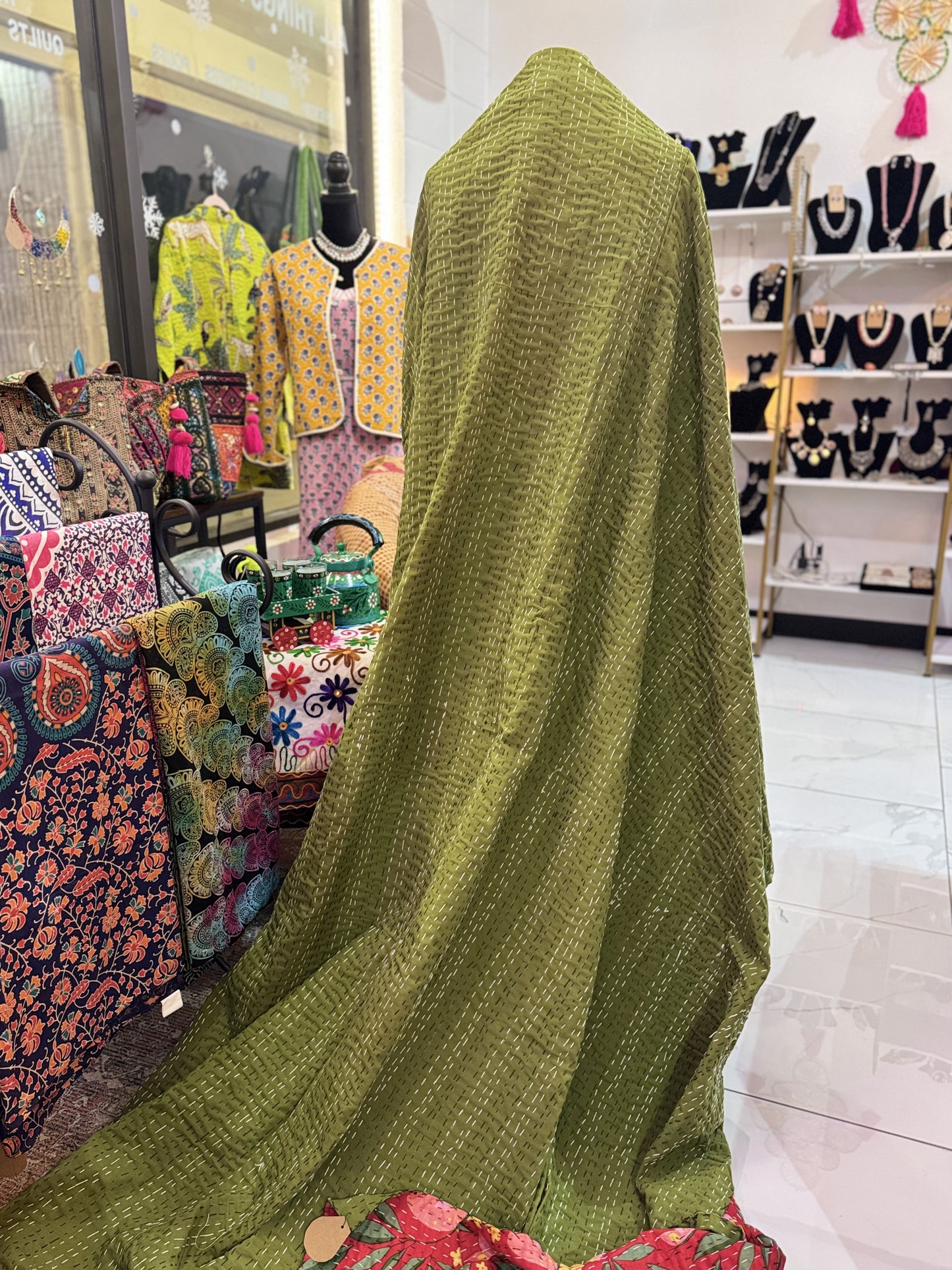 Sparrow Song – Red Handblock Printed Kantha Quilt – 100% Cotton | Handmade
