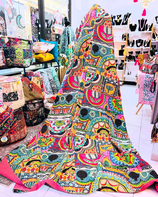 Boho Print - Handmade Patchwork Kantha Quilt - 100% Cotton Blanket