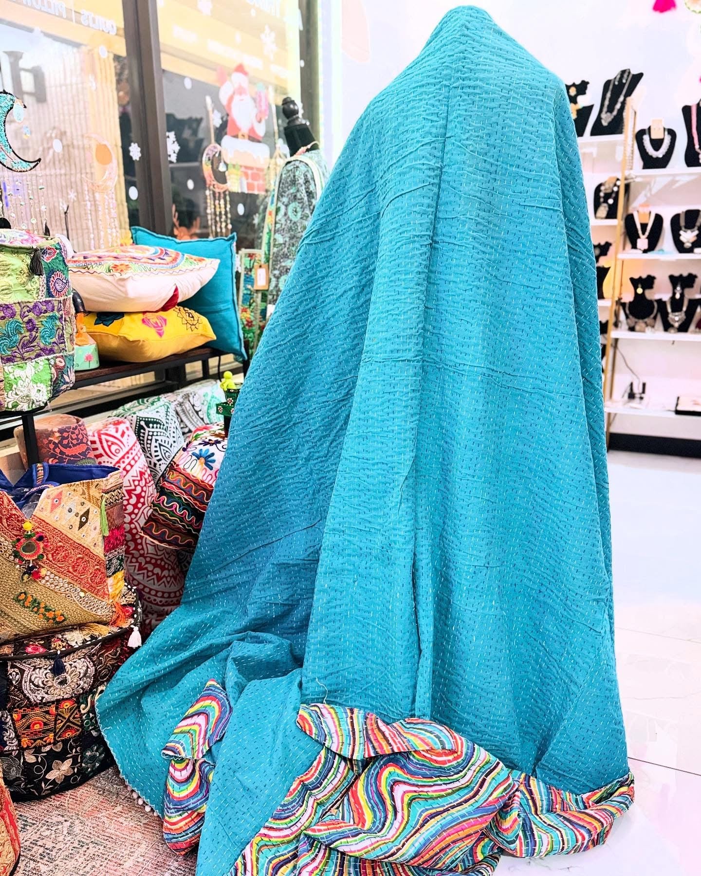 Rainbow Current – Handblock Printed Kantha Quilt – 100% Cotton | Handmade
