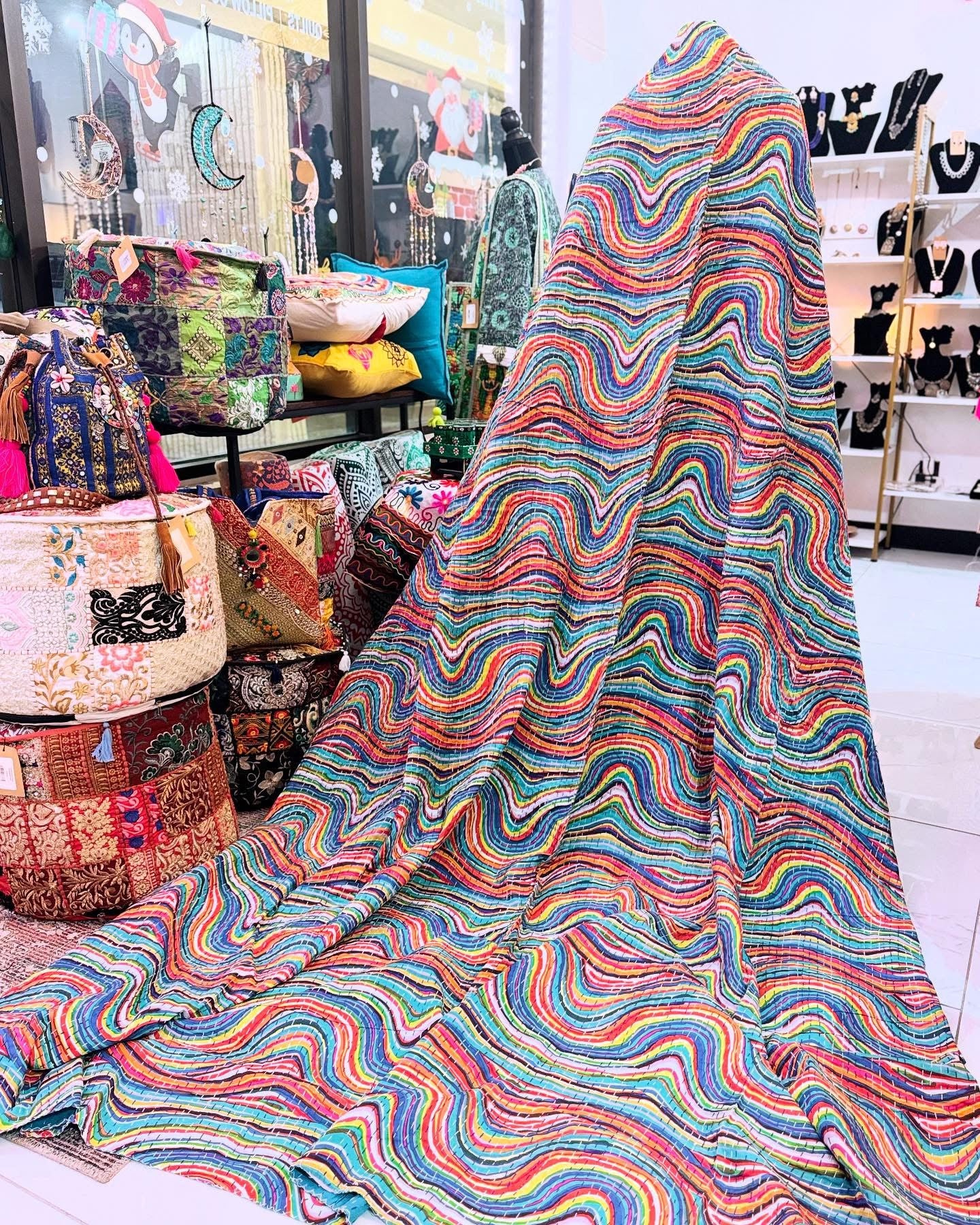 Rainbow Current – Handblock Printed Kantha Quilt – 100% Cotton | Handmade