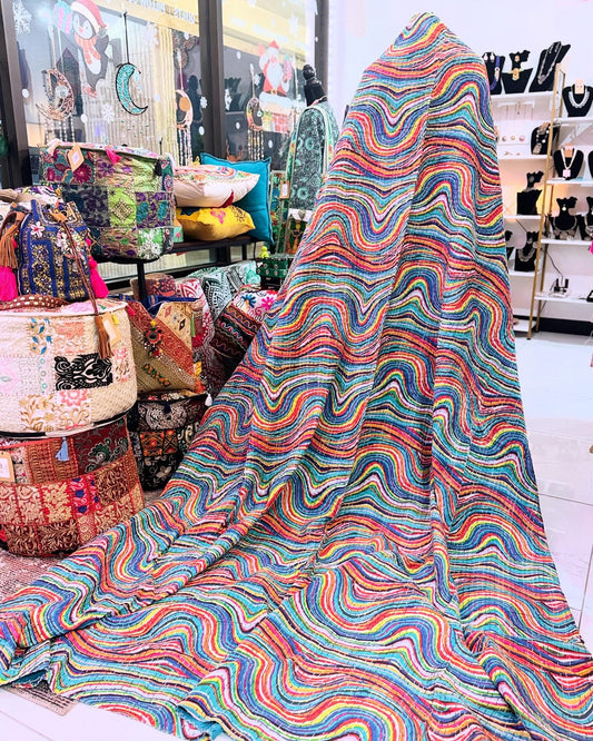 Rainbow Current – Handblock Printed Kantha Quilt – 100% Cotton | Handmade