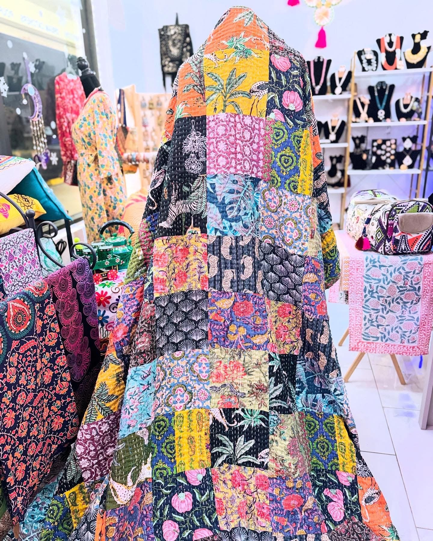 Handmade Kantha Quilt with unique 8inch block printed patches