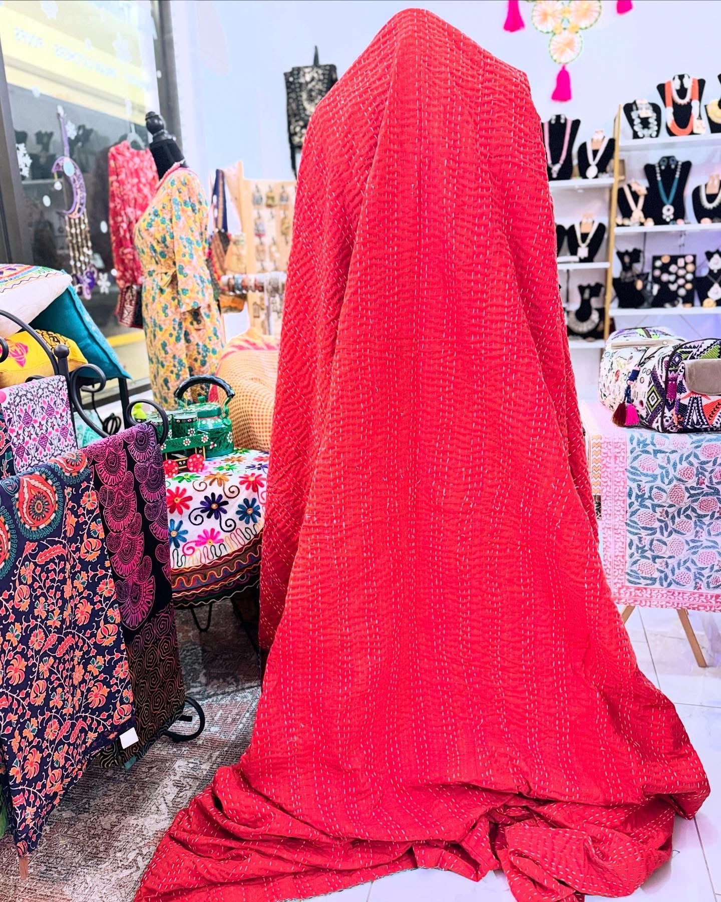 Solid Red color on the back showcasing the colorful threads in Indian ancient kantha stitching