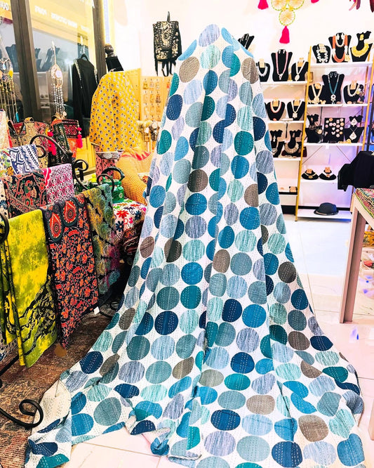Polka Dots – Blue Handblock Printed Kantha Quilt – 100% Cotton | Handmade