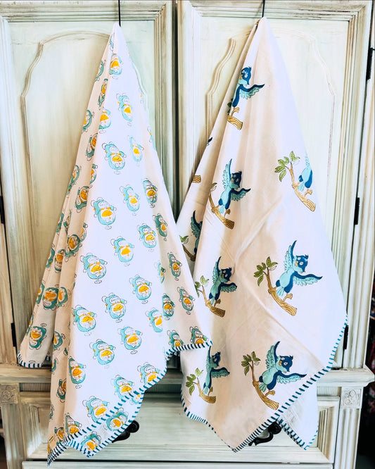Reversible Cotton Dohar – Robots & Birds | Handmade Toddler Blanket