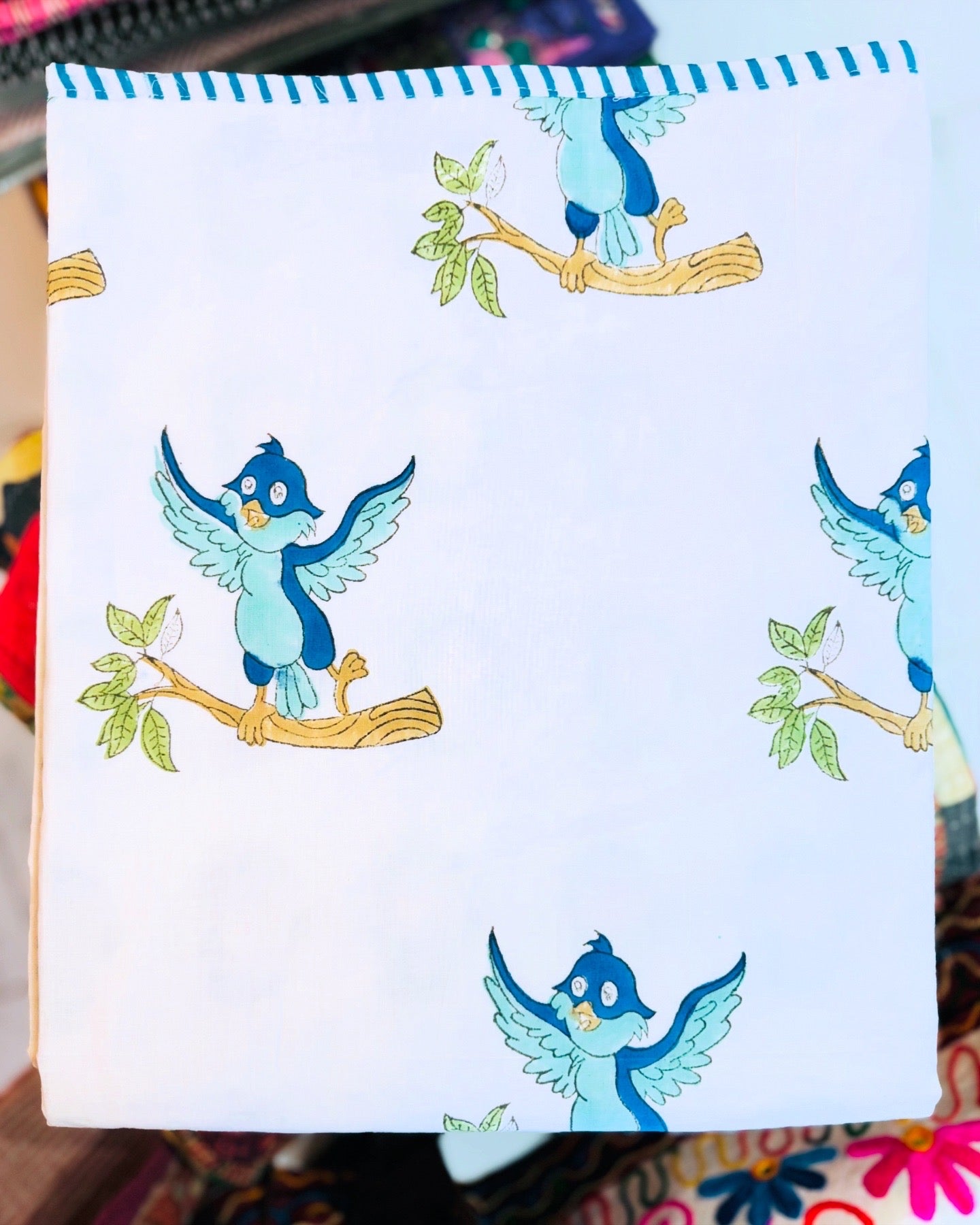 Reversible Cotton Dohar – Robots & Birds | Handmade Toddler Blanket