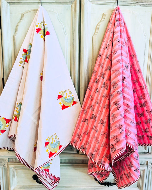 Reversible Cotton Dohar – Astronaut & Butterflies | Handmade Toddler Blanket