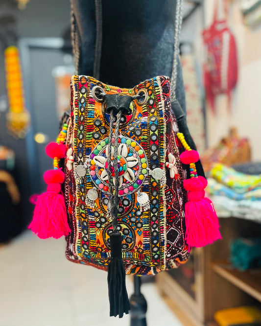 Bohemian Potli Bag | Handmade Embroidered Mirror Work Purse with Tassels