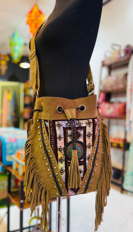 Leather Potli Bag | 100% Genuine Leather with Embroidery, Tassel & Adjustable Strap