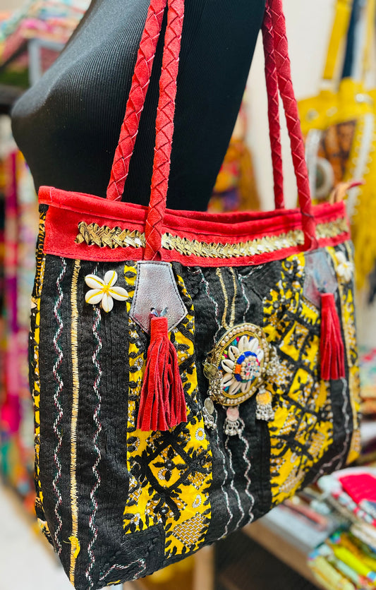 Tribal Embroidered Leather Tote Bag – Midnight Muse | Handmade Boho Shoulder Bag
