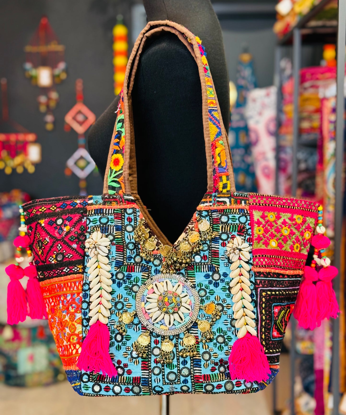 Blue Banjara Shoulder Bag with sea blue embroidery patches with mirrors, Indian coins, Shells and Mirrors