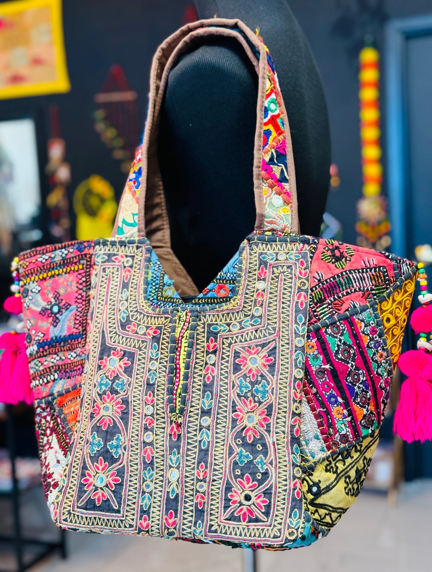 Handmade Banjara Boho tote bag backside embroidered patches in flowers and leaves