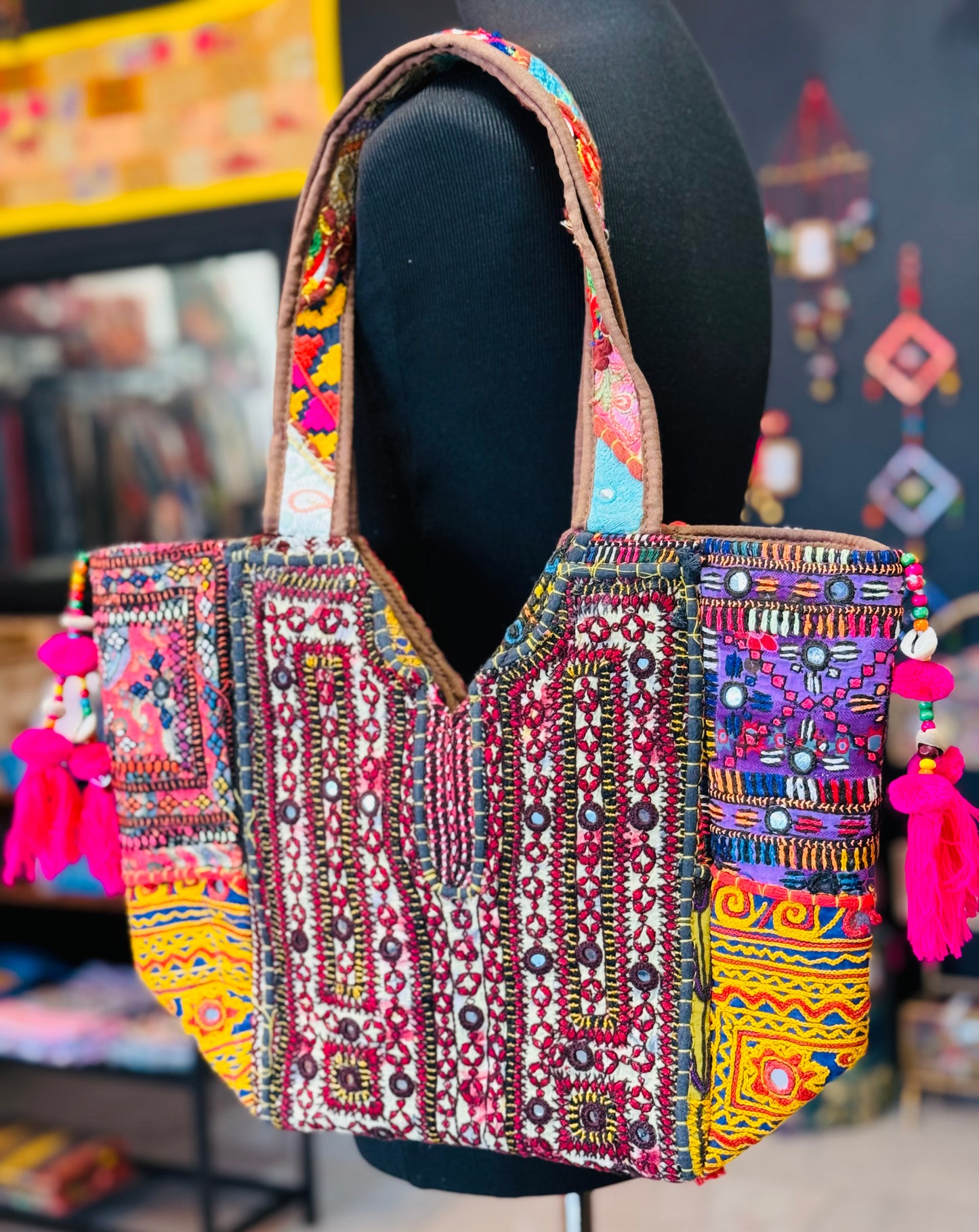 Handmade Banjara Boho tribal bag back embroidered in mirrors with while and red patches