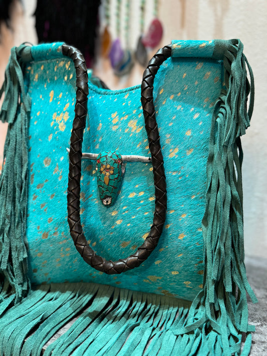 Longhorn Shoulder Bag | Handmade Cowhide & Leather Purse with Braided Handle and Fringe