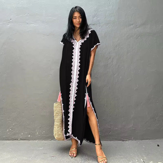 Lace & Tassels Kaftan Dress with Slits on the side