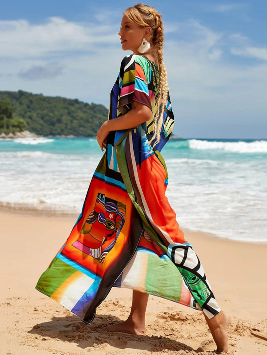 Side look of hte portrait kaftan dress on the beack - beach friendly