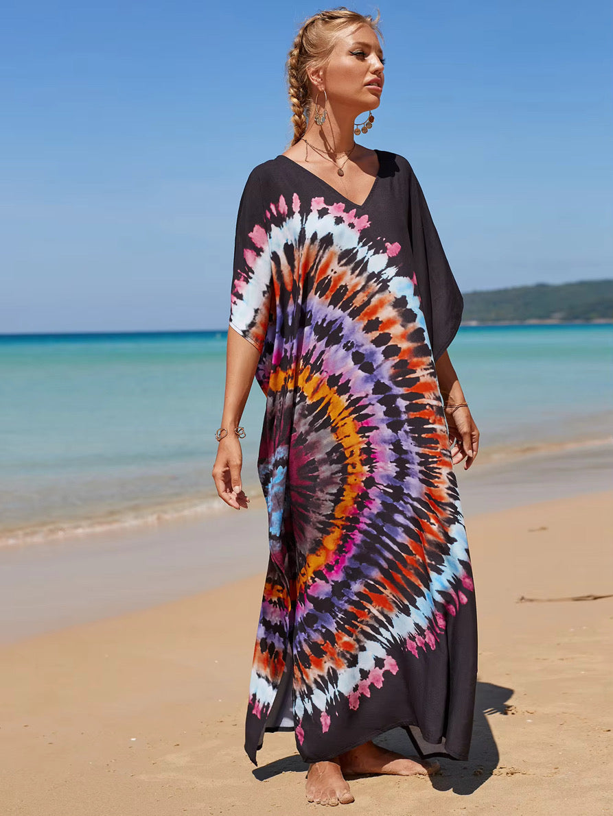 Sideflare kaftan dress with tiedye look on black - side slits