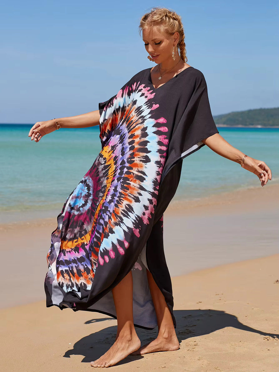 showcasing the slits of the sideflare kaftan dress