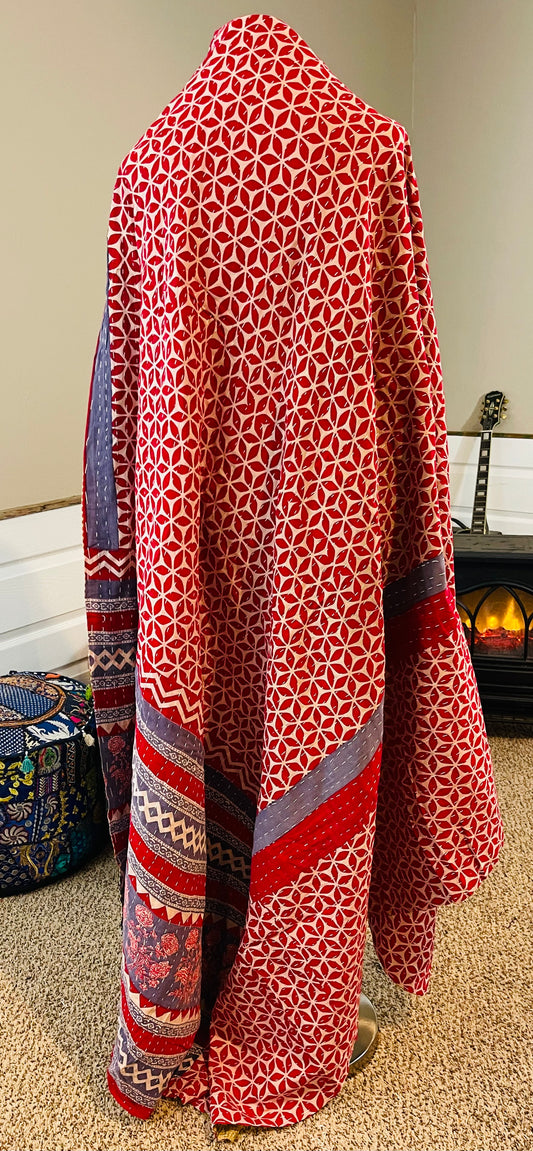 Flowers Saree Kantha Quilt – Twin Size - Throw Blanket