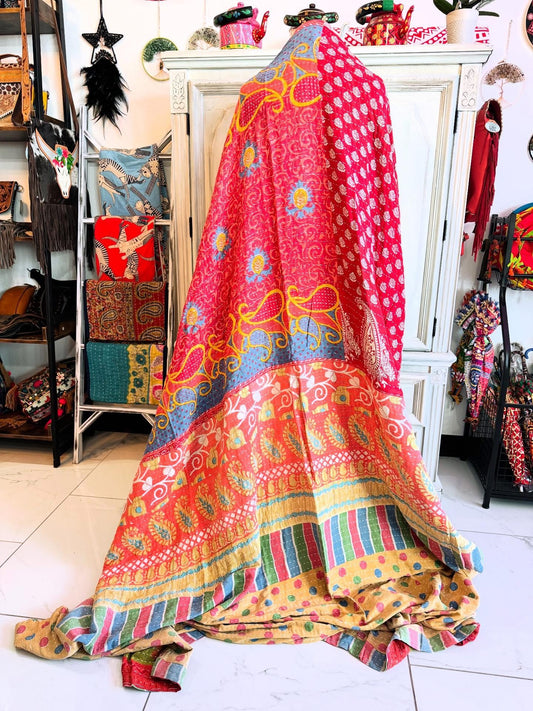 Paisley Saree Kantha Quilt – Handmade Queen Size Blanket