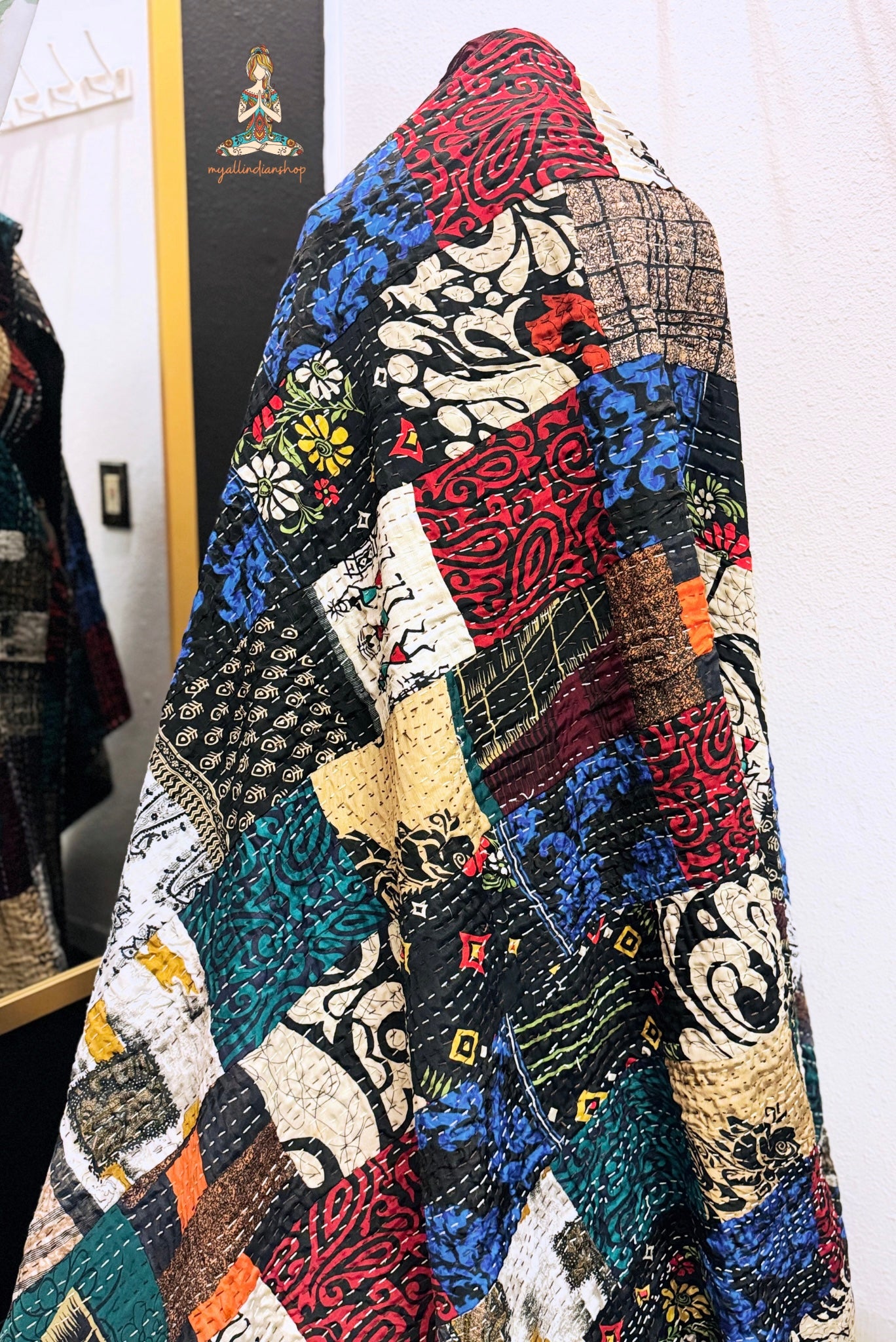 Silk Patchwork Kantha Quilt - Black Tribal - Handmade | Silk | Cotton | Queen | King