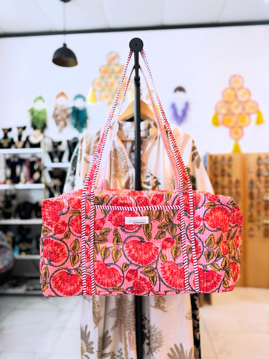 Red Floral Quilted Duffel Bag – Handmade Block Print Weekender Travel Bag