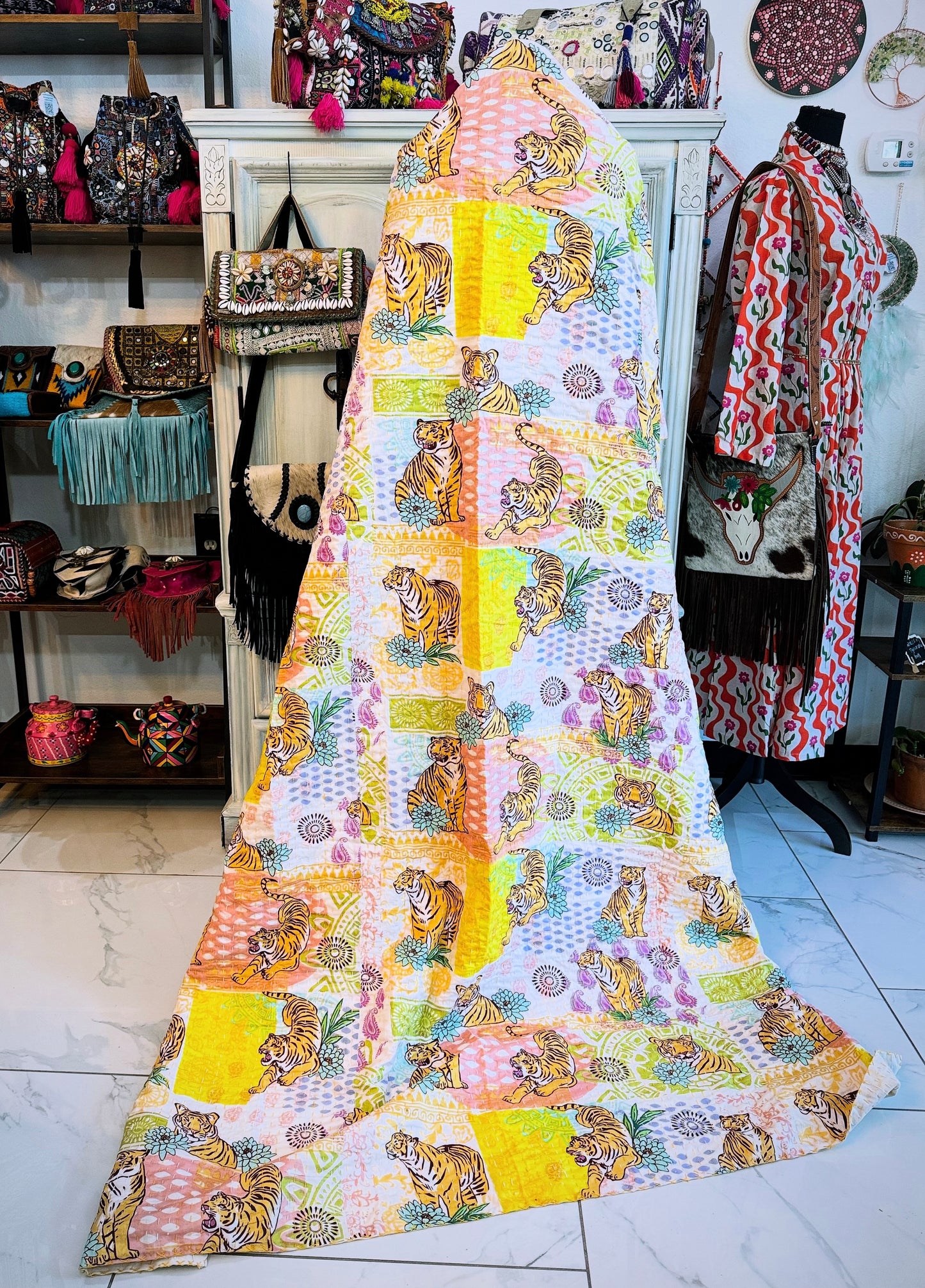 Tiger Print Kantha Quilt | Cotton Lightweight Blanket | Throw/Twin Size
