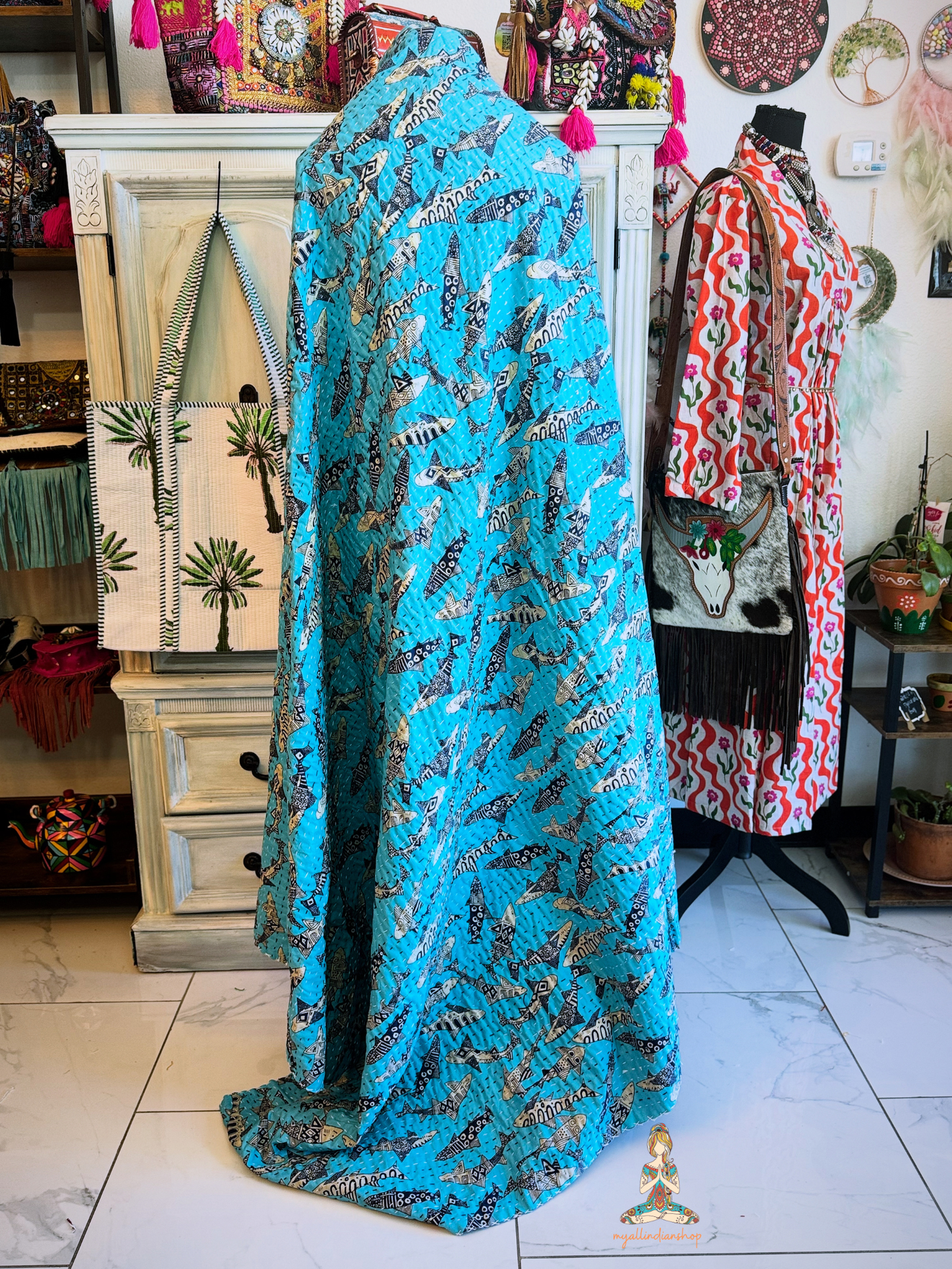 Turquoise Shark Print Kantha Quilt | Cotton Lightweight Blanket | Throw/Twin Size