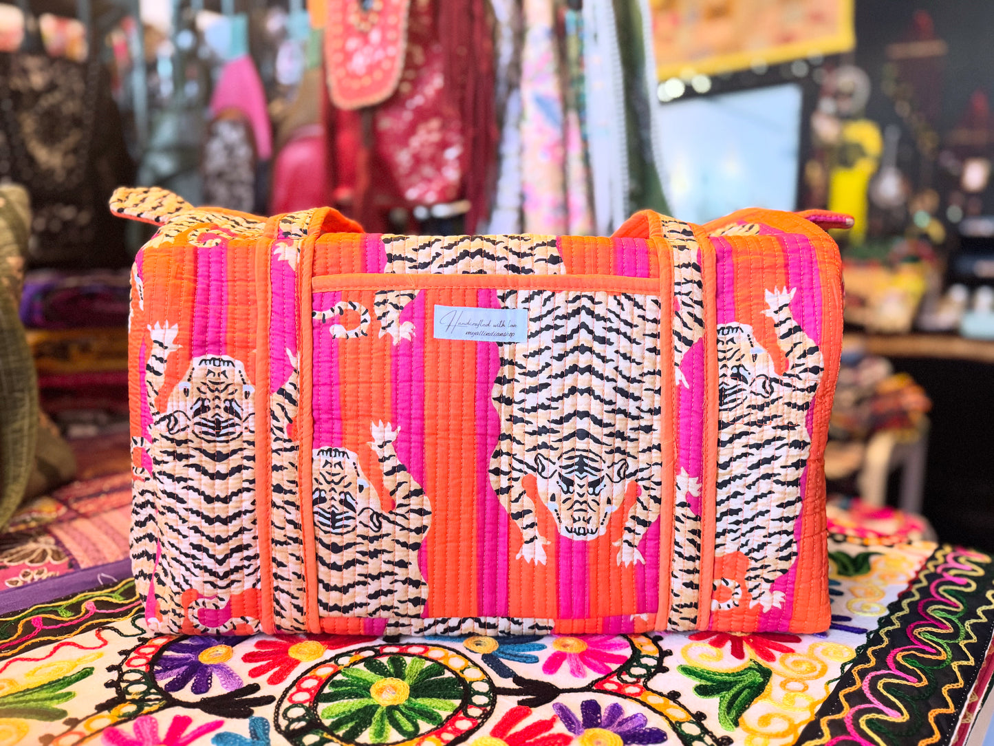 Safari Stripe Weekender – Handmade Quilted Cotton Duffle | Tiger Print Travel Bag