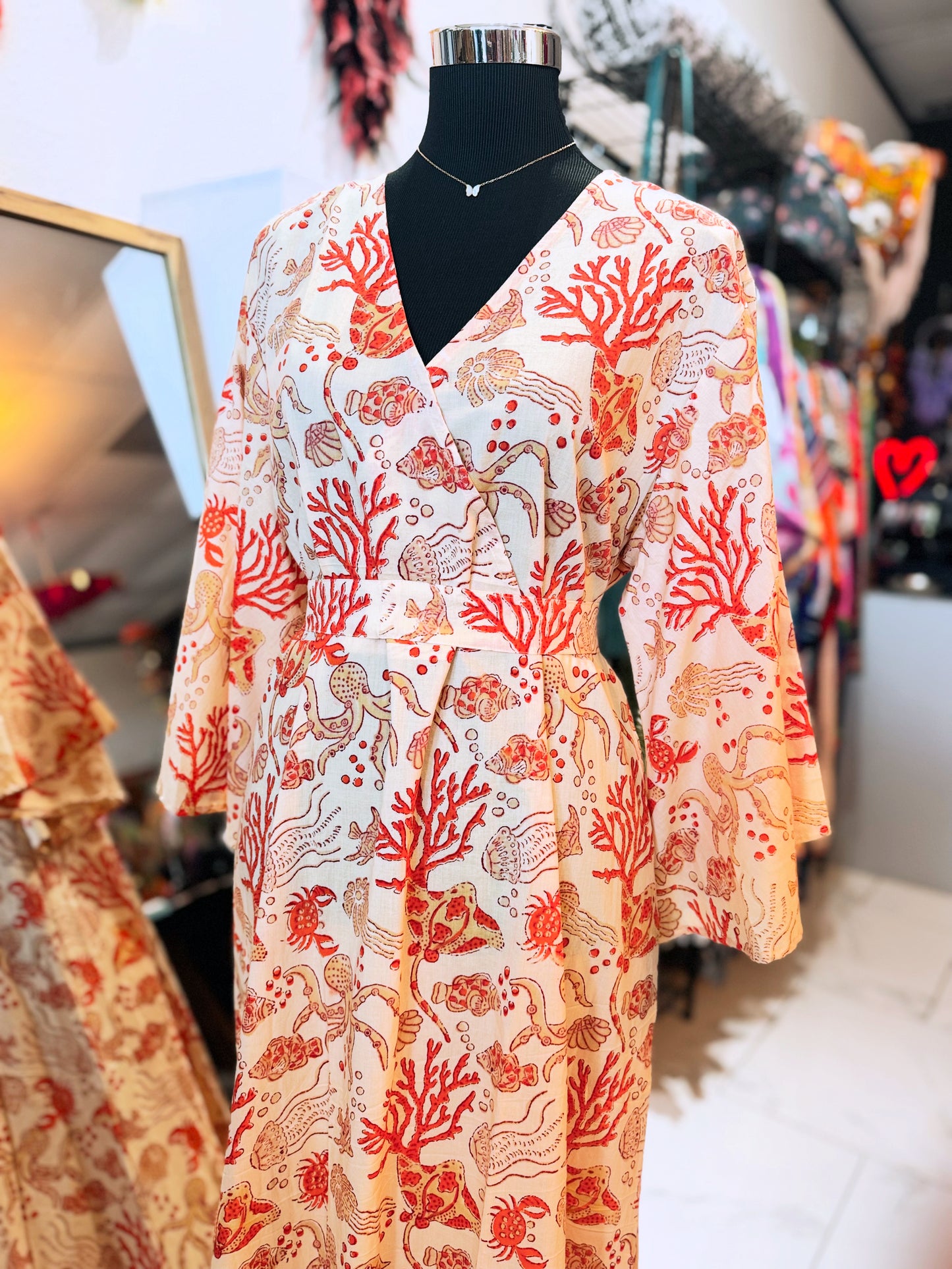 Coral Muse – Handmade Cotton Dress with Belt & Pockets (Medium) | Coastal Statement Dress