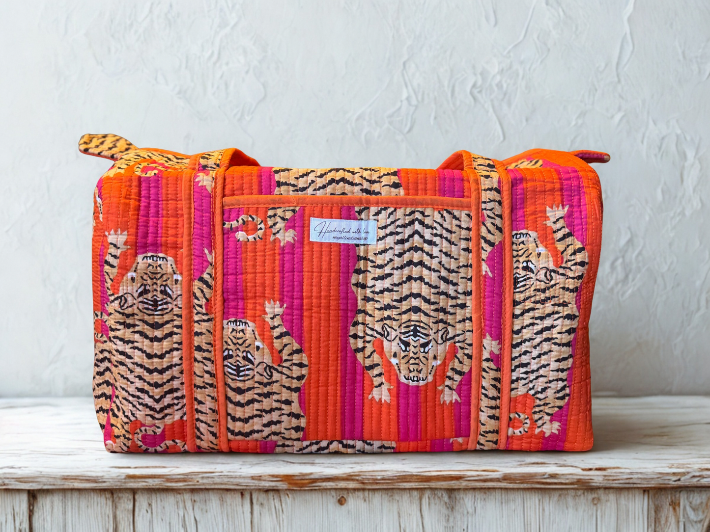 Safari Stripe Weekender – Handmade Quilted Cotton Duffle | Tiger Print Travel Bag